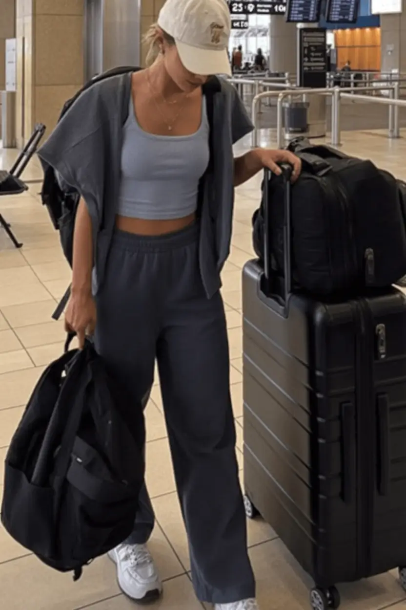 airport spring outfits for women 2026 Laid-Back Layers in Slate Blue