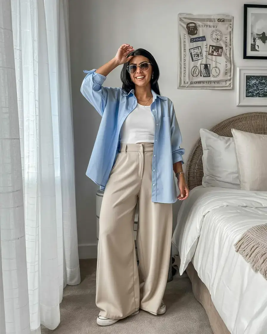 casual midsize spring outfits 2026 Light Blue Layers and Weekend Vibes