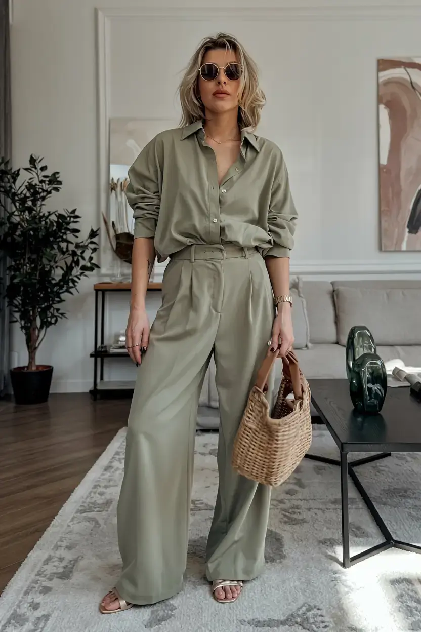 casual midsize spring outfits 2026 Sage Tones and Soft Tailoring