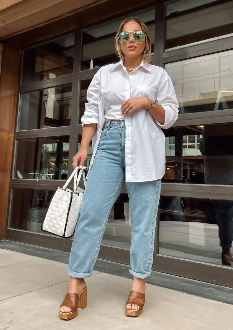 casual midsize spring outfits 2026 The Clean White Shirt Revival