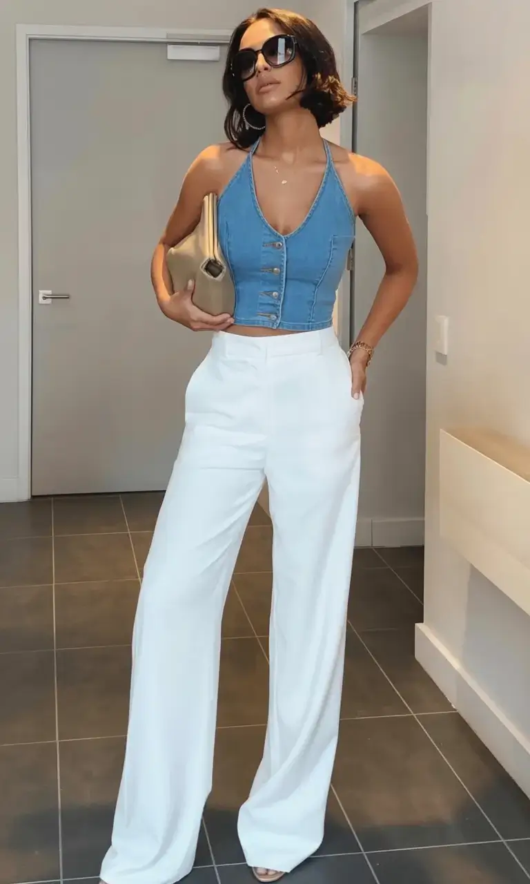 casual spring birthday outfit 2026 Denim Halter Chic Meets Tailored Ease