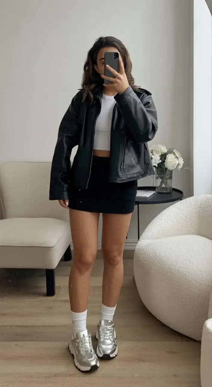 casual spring birthday outfit 2026 Leather Jacket Cool Meets Sporty Spice