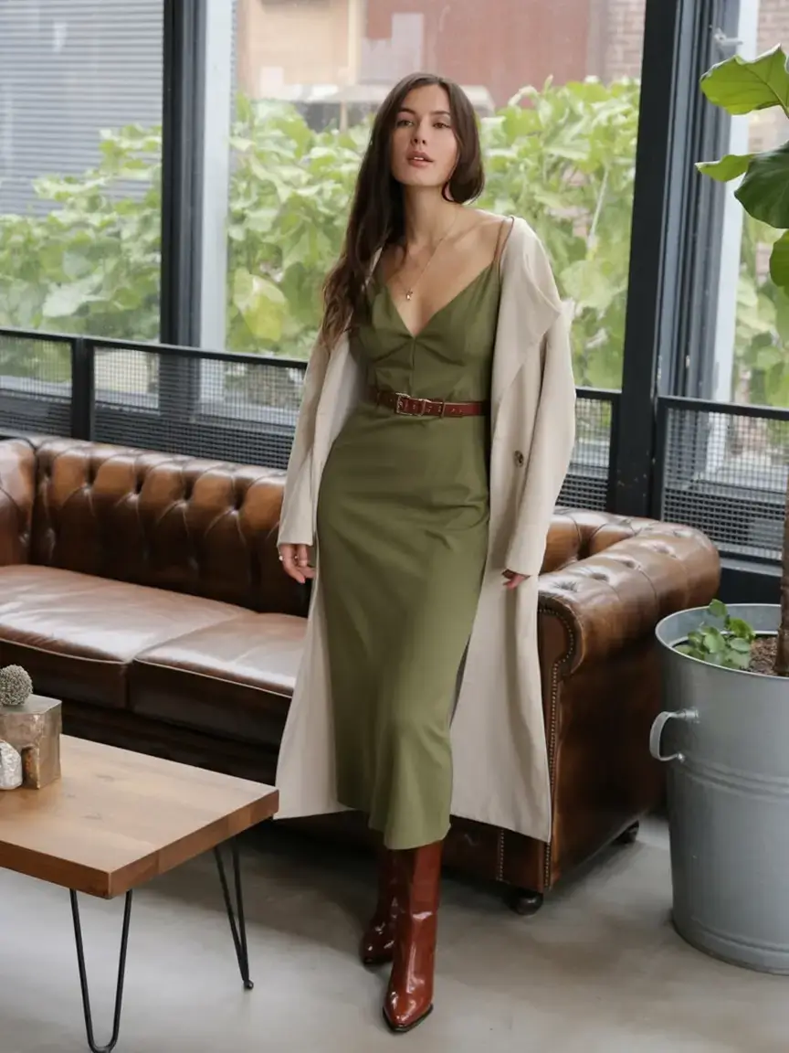 classic old money spring outfits 2026 Olive Slip & Belted Modern Romance