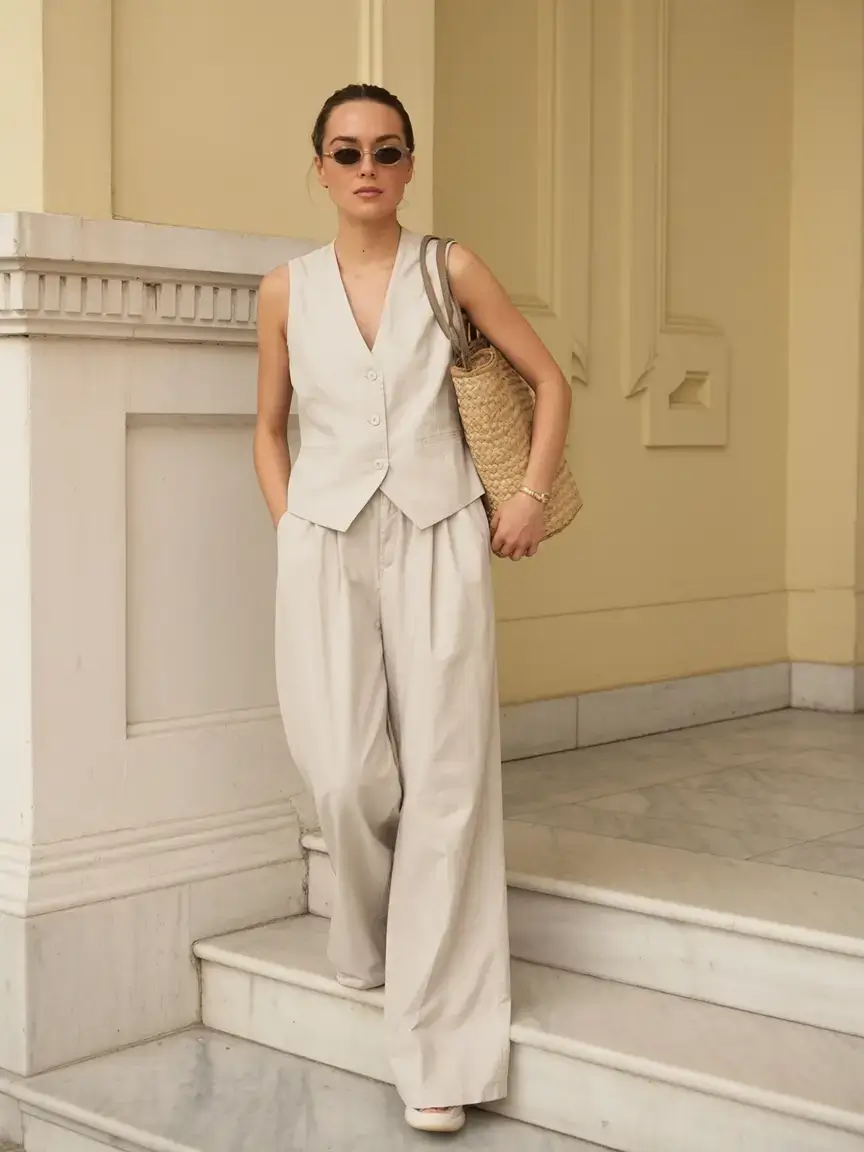 classic old money spring outfits 2026 Waistcoat Suiting in Cream Linen Calm