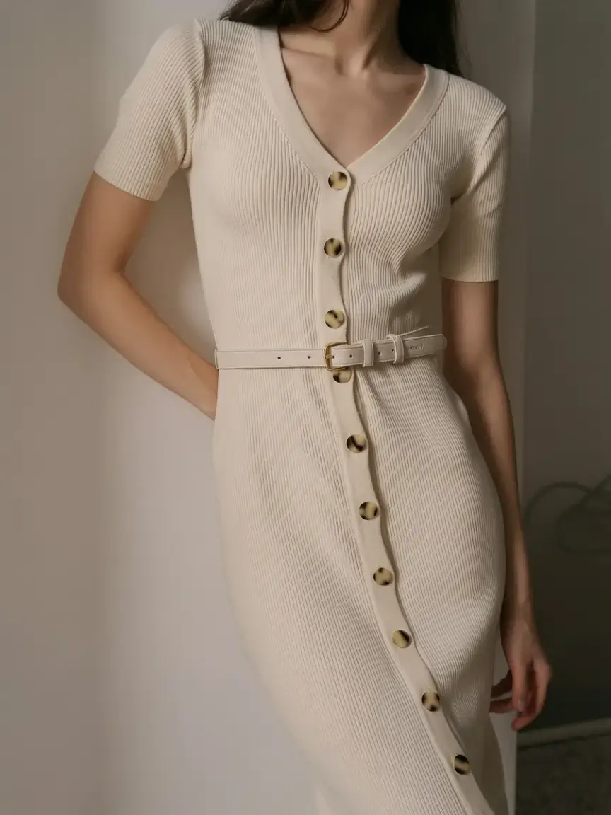 classic old money spring outfits 2026 Ribbed Dress with Monochrome Finesse