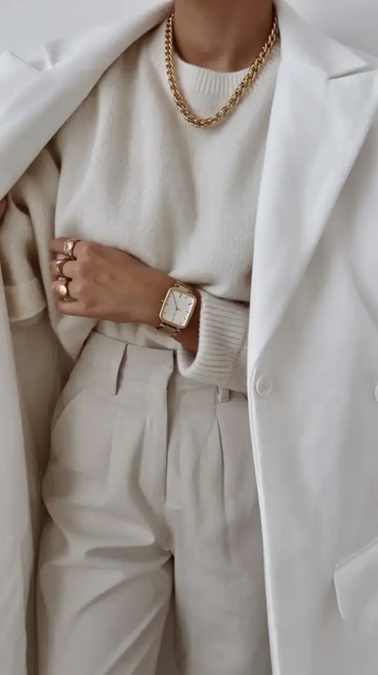 classic old money spring outfits 2026 Power Whites with Gilded Hardware