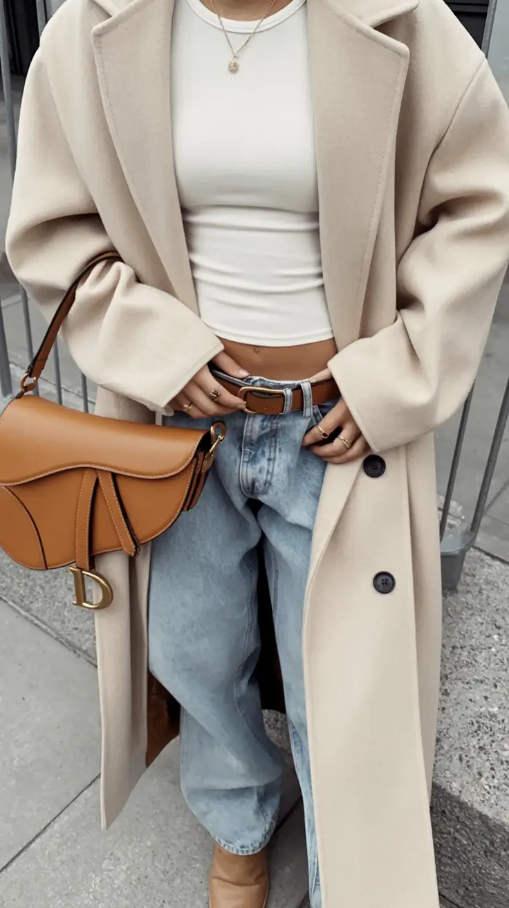 cold spring outfit aesthetic 2026 Soft Beige with Classic Contrast