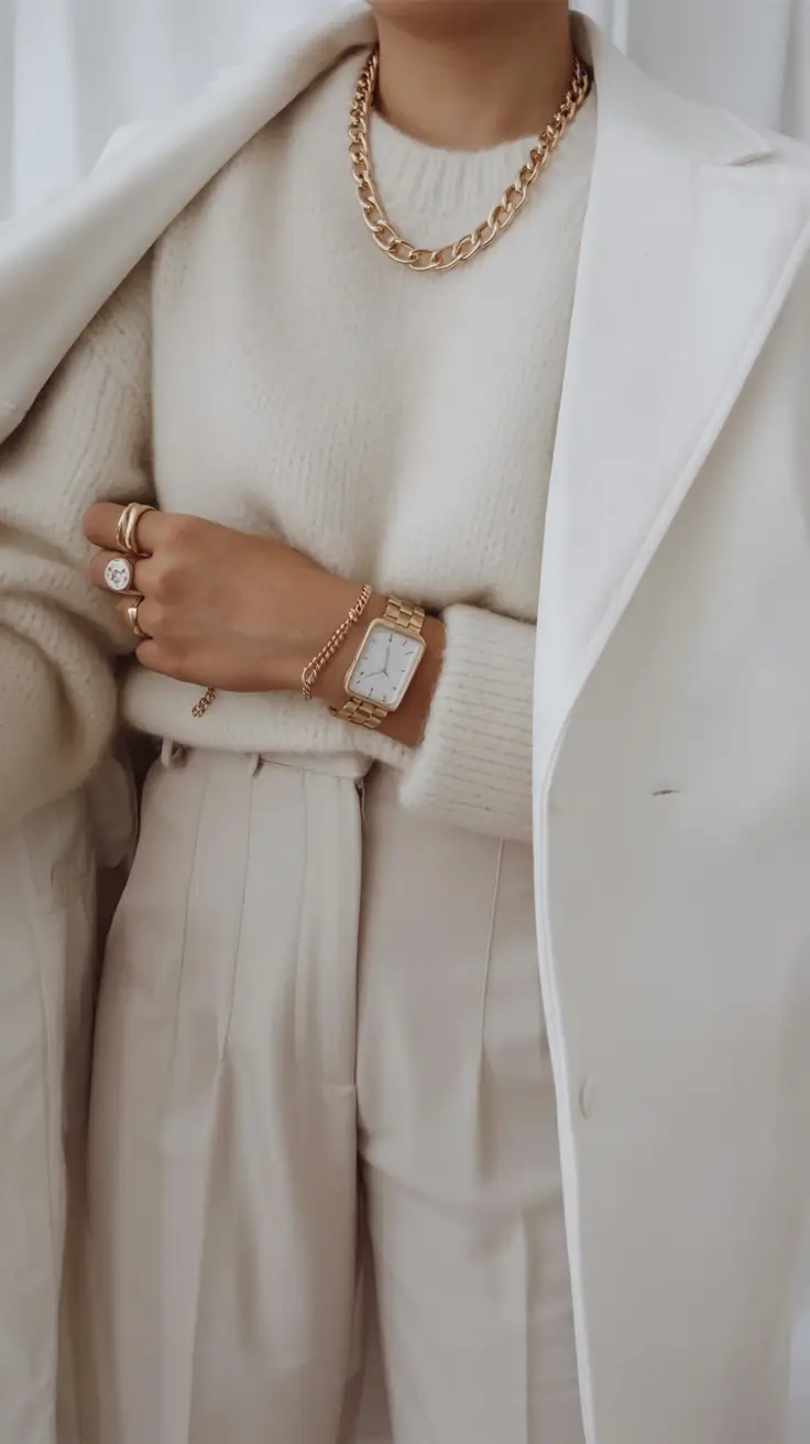 cold spring outfit aesthetic 2026 Monochrome Luxe: Gold Edition