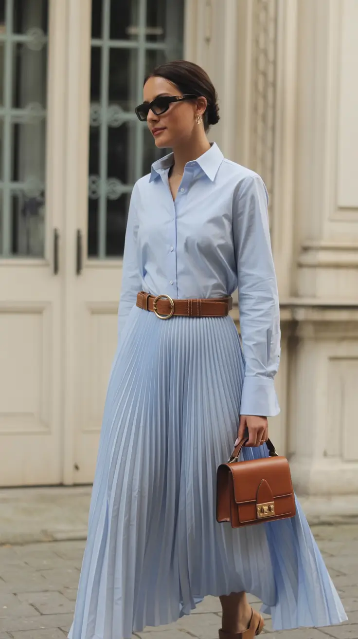 comfortable spring business casual outfits 2026 Soft Power Pleats