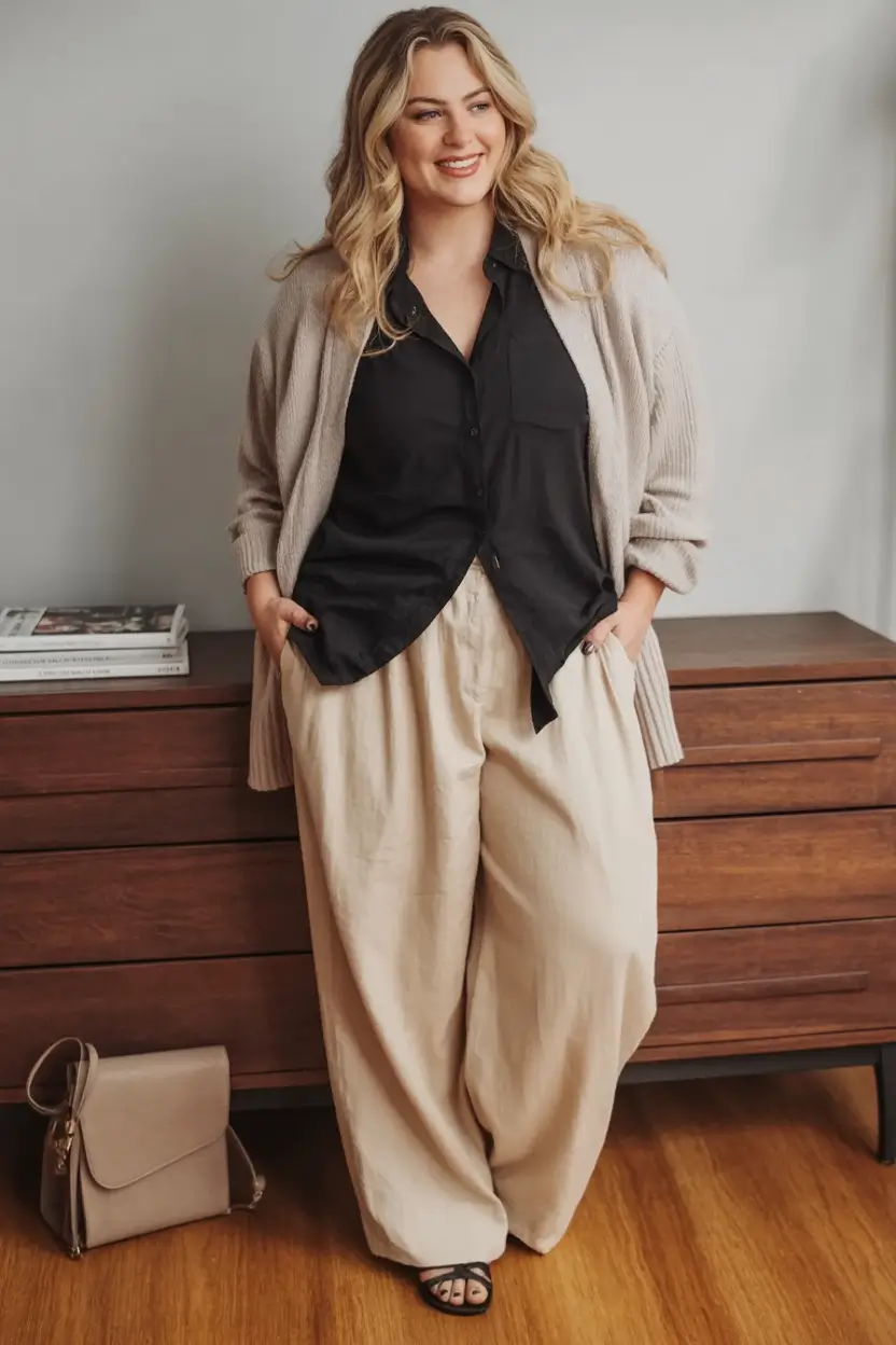 comfy plus size spring outfits 2026 Relaxed Neutrals with a Sharp Twist