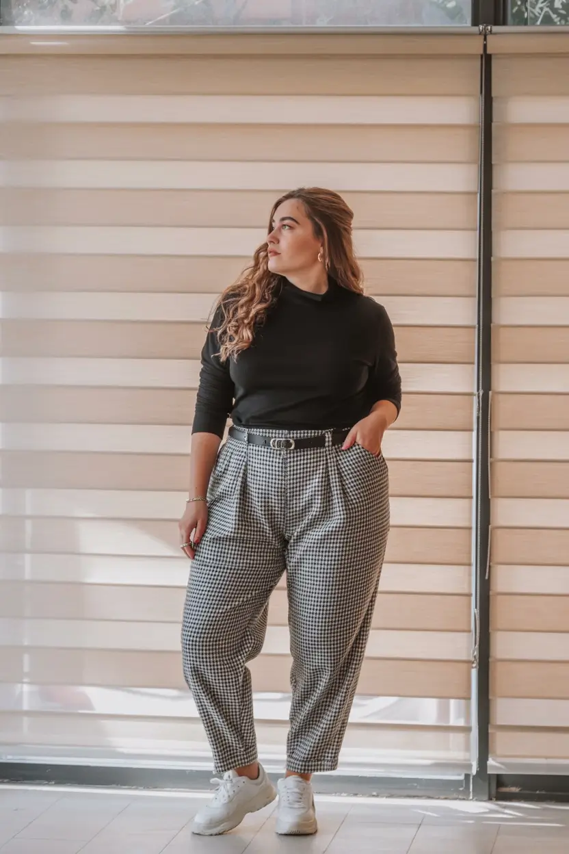 comfy plus size spring outfits 2026 Retro Vibes in Gingham & Sneakers