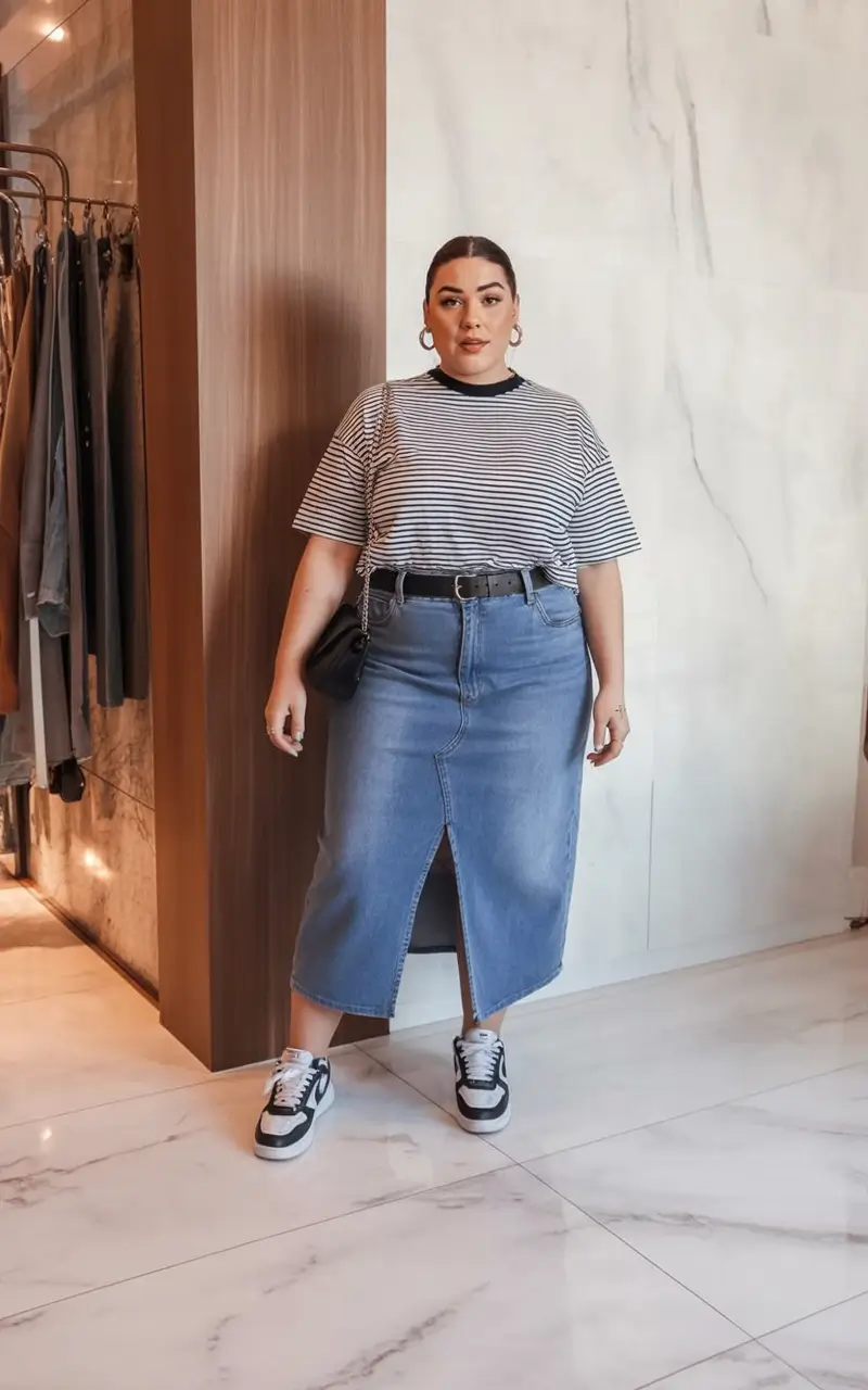 comfy plus size spring outfits 2026 Denim Skirt and Sneakers Done Right