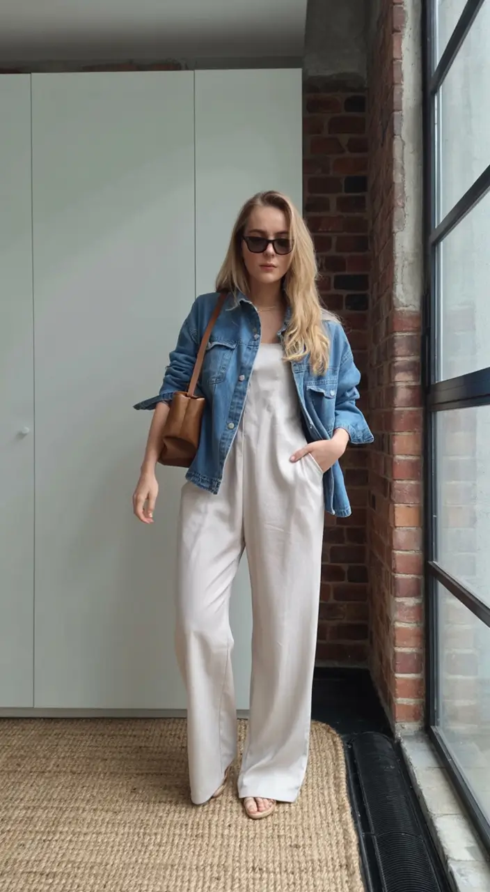 comfy plus size spring outfits 2026 Denim Jacket + Linen Jumpsuit = Spring’s Power Combo