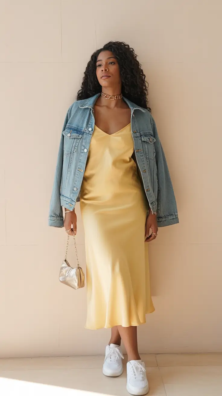 comfy spring outfits for warm weather 2026 Lemon Satin and Denim Layers