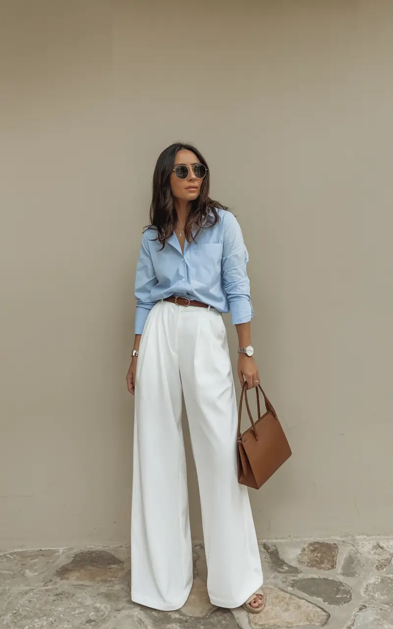 comfy spring outfits for warm weather 2026 Soft Tailoring in Light Blue and White