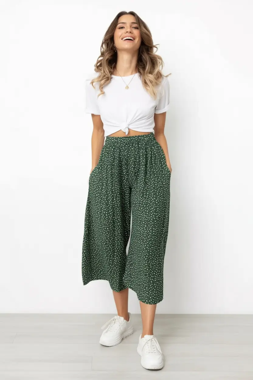 comfy spring outfits for warm weather 2026 Playful Ease with a Knotted Tee and Printed Culottes