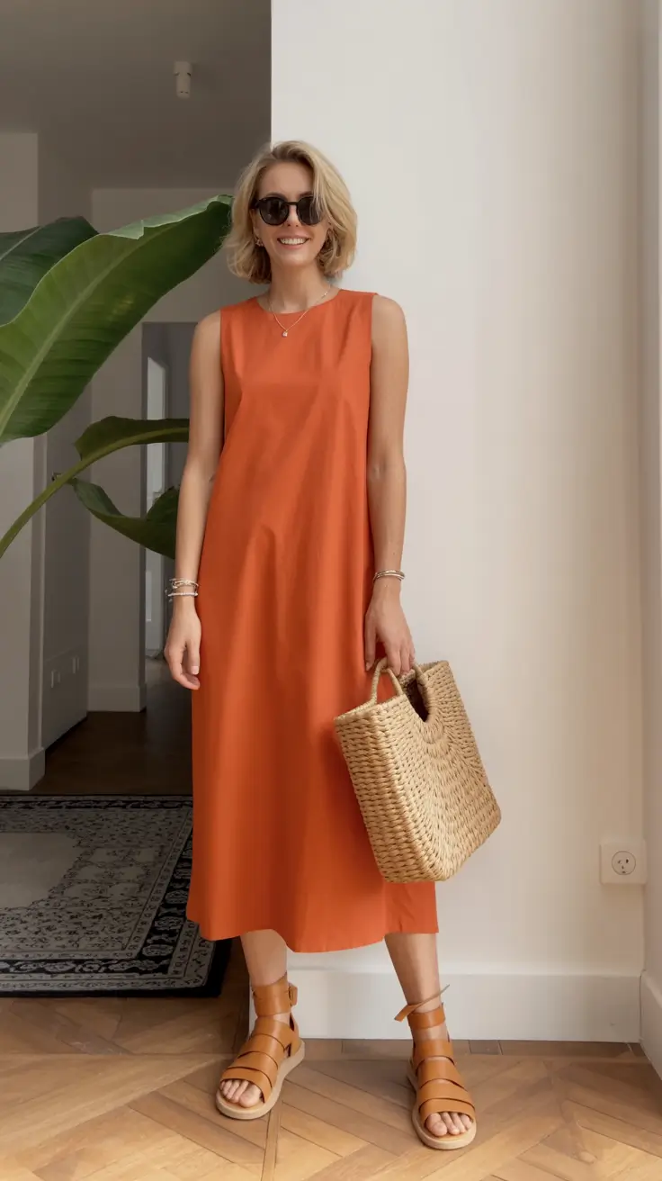 comfy spring outfits for warm weather 2026 Modern Minimalism with a Rust Midi Dress