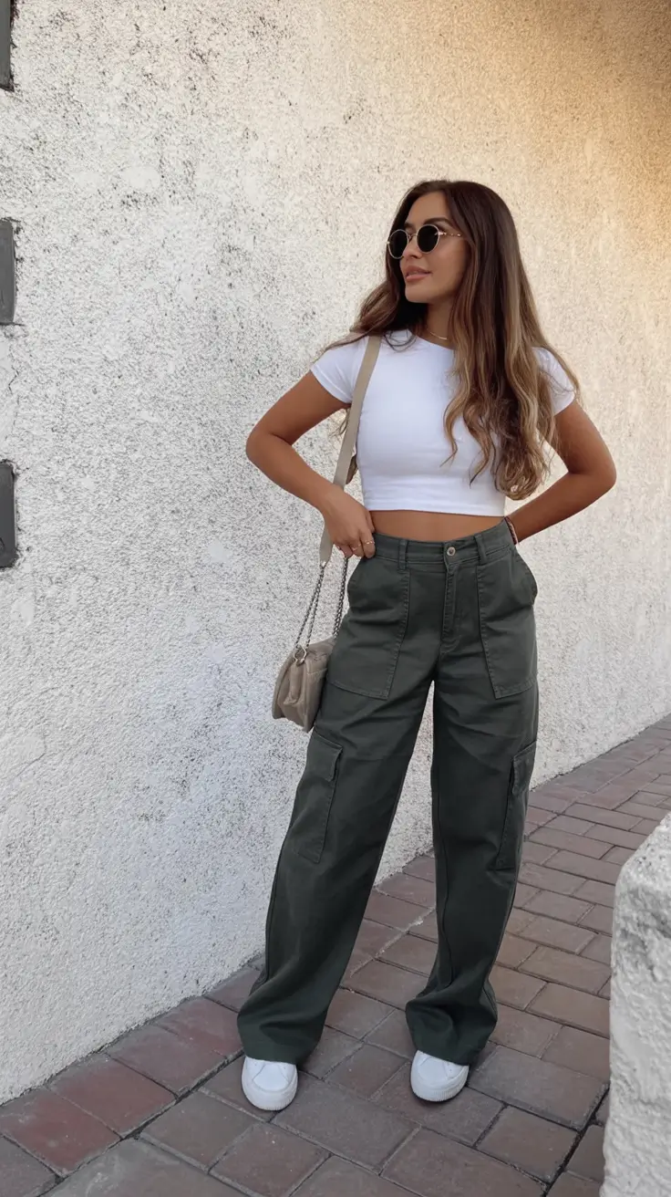 comfy spring outfits for warm weather 2026 Relaxed Utility with Cropped Tee and Cargo Pants
