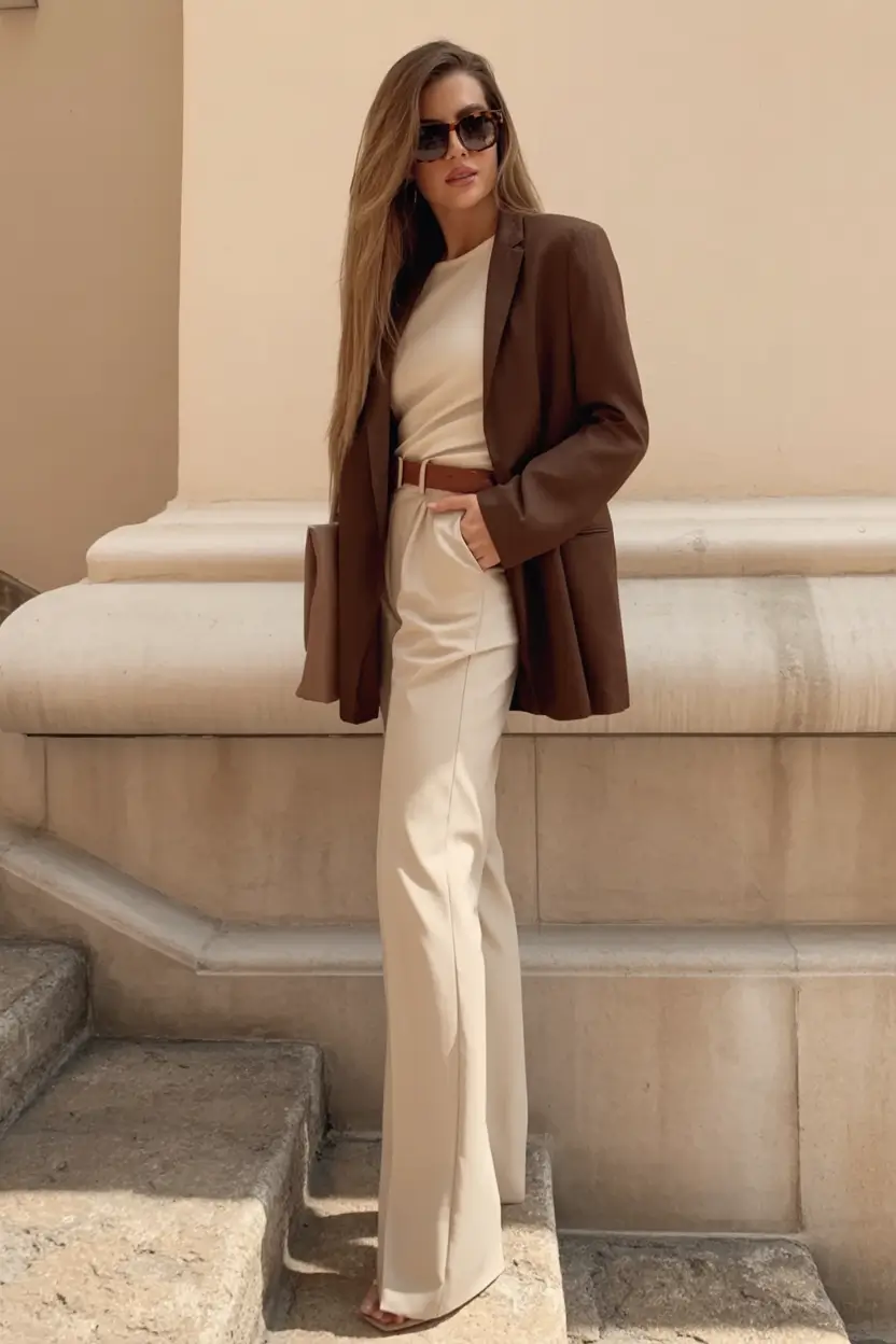 cool casual spring outfits 2026 Refined Contrast with a Chocolate Blazer