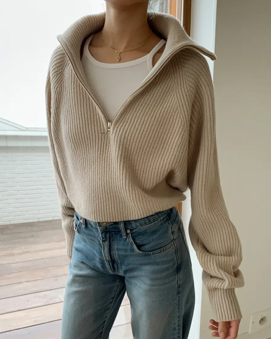 cool casual spring outfits 2026 Layered Neutrals with a Cozy Collar