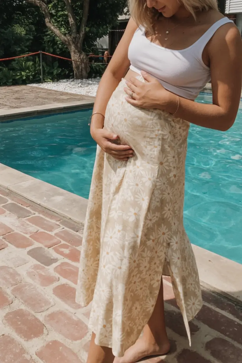 cozy spring outfit for pregnant women 2026+Soft Florals by the Water