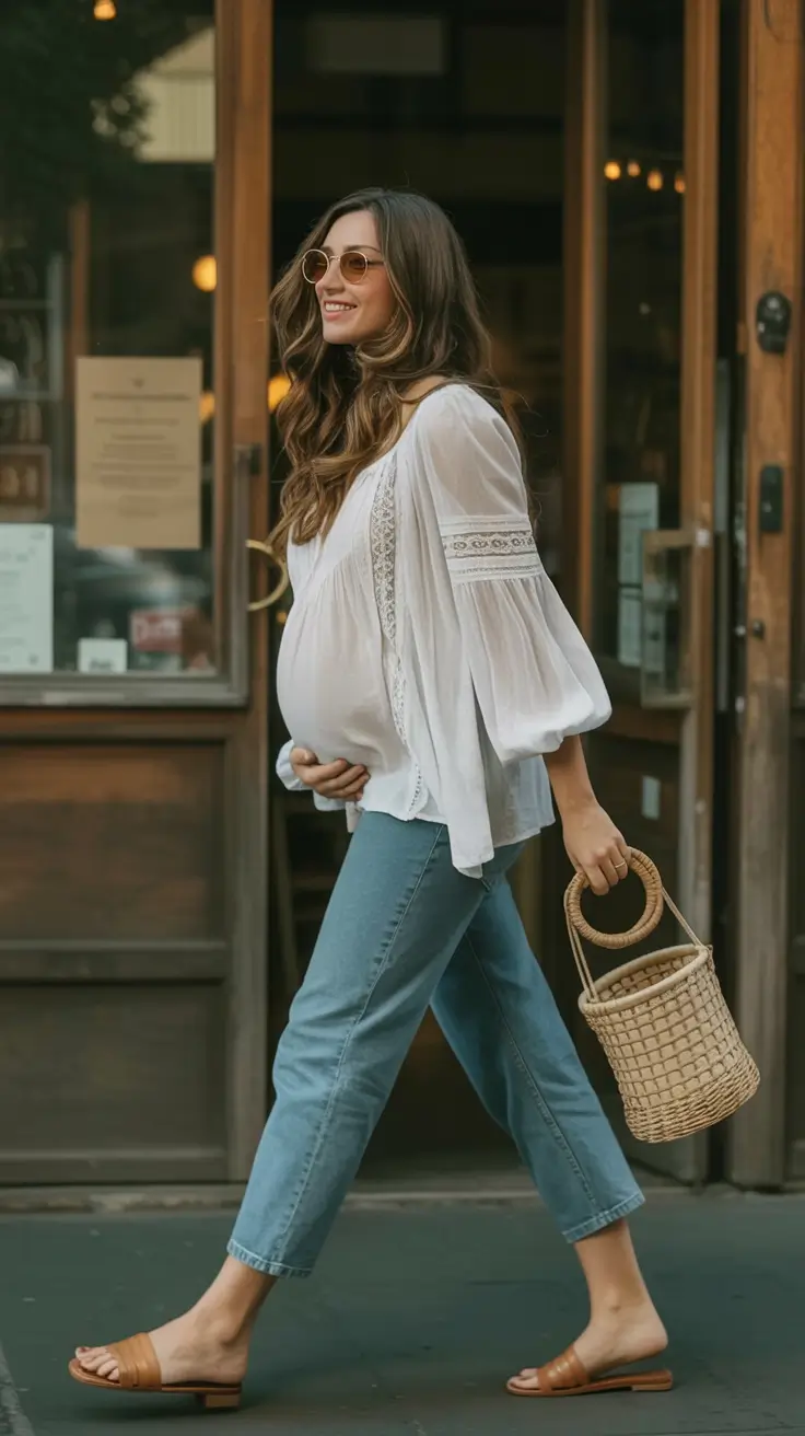 cozy spring outfit for pregnant women 2026+Boho Breezy with Urban Ease