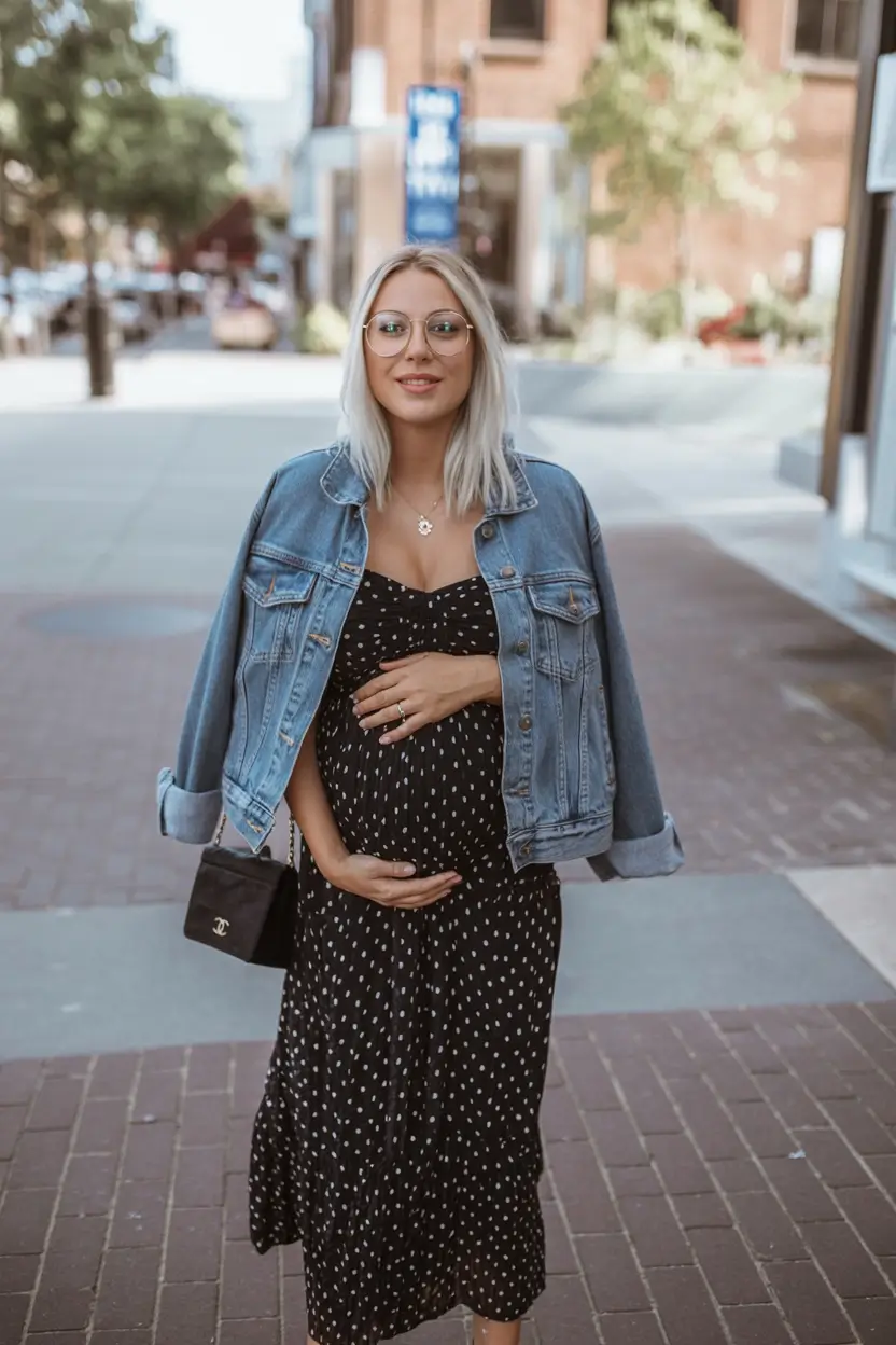 cozy spring outfit for pregnant women 2026+Casual Charm in Denim and Dots