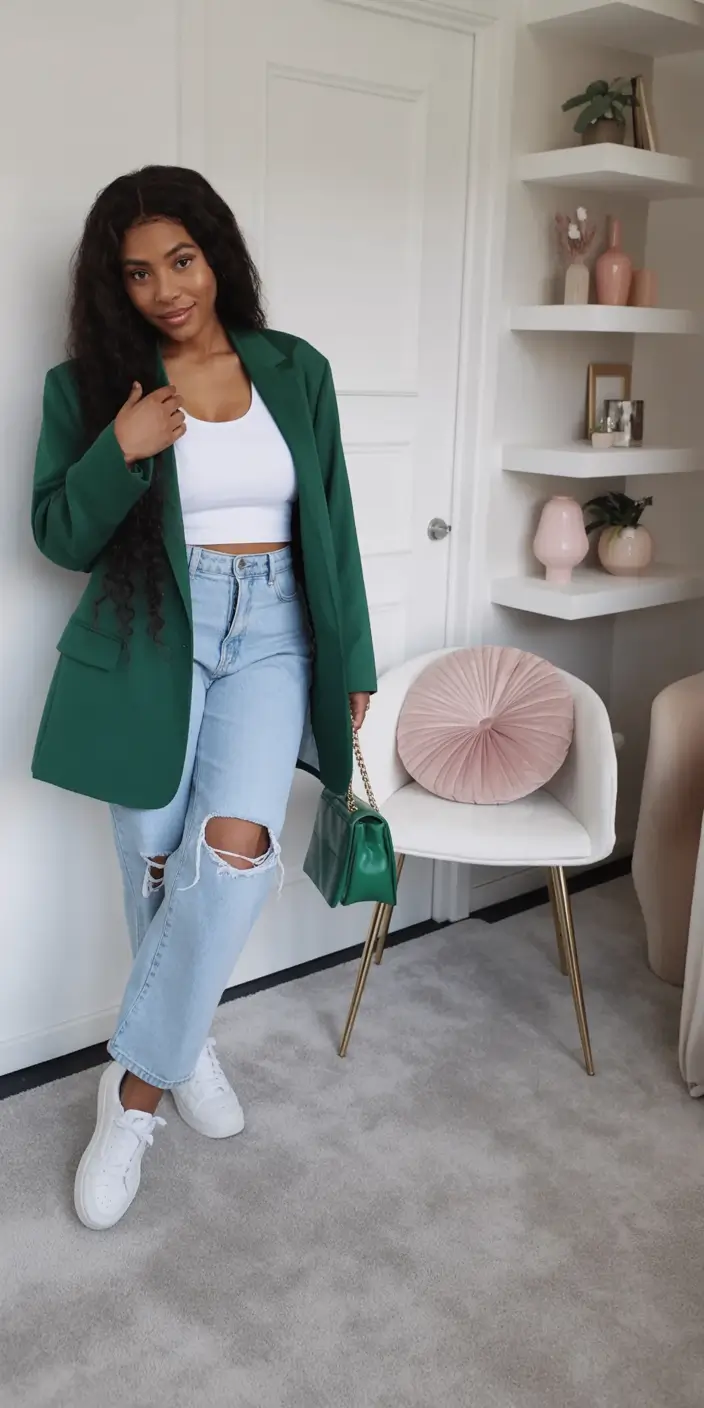 cozy spring outfits black women 2026 Power Green with a Denim Twist