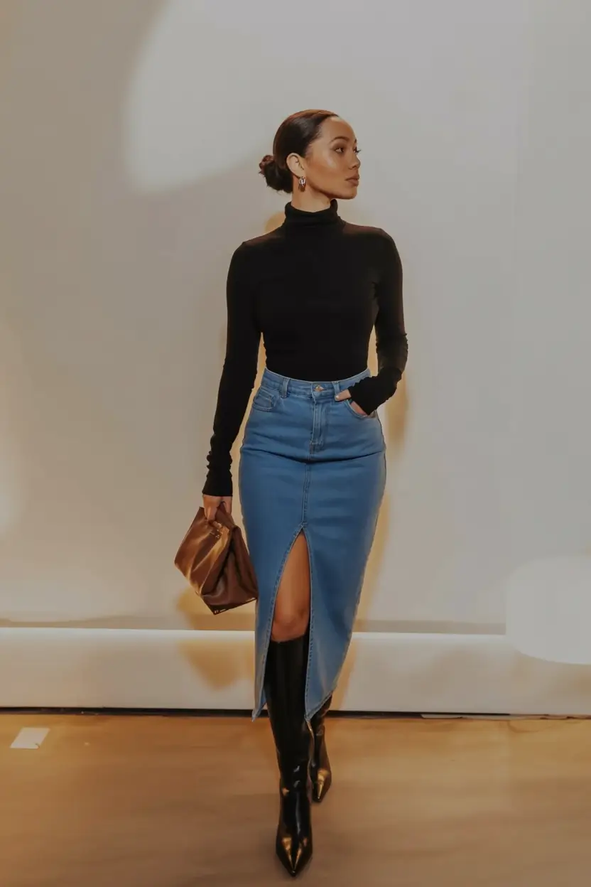 cozy spring outfits black women 2026 Sharp & Sleek in Denim and Black