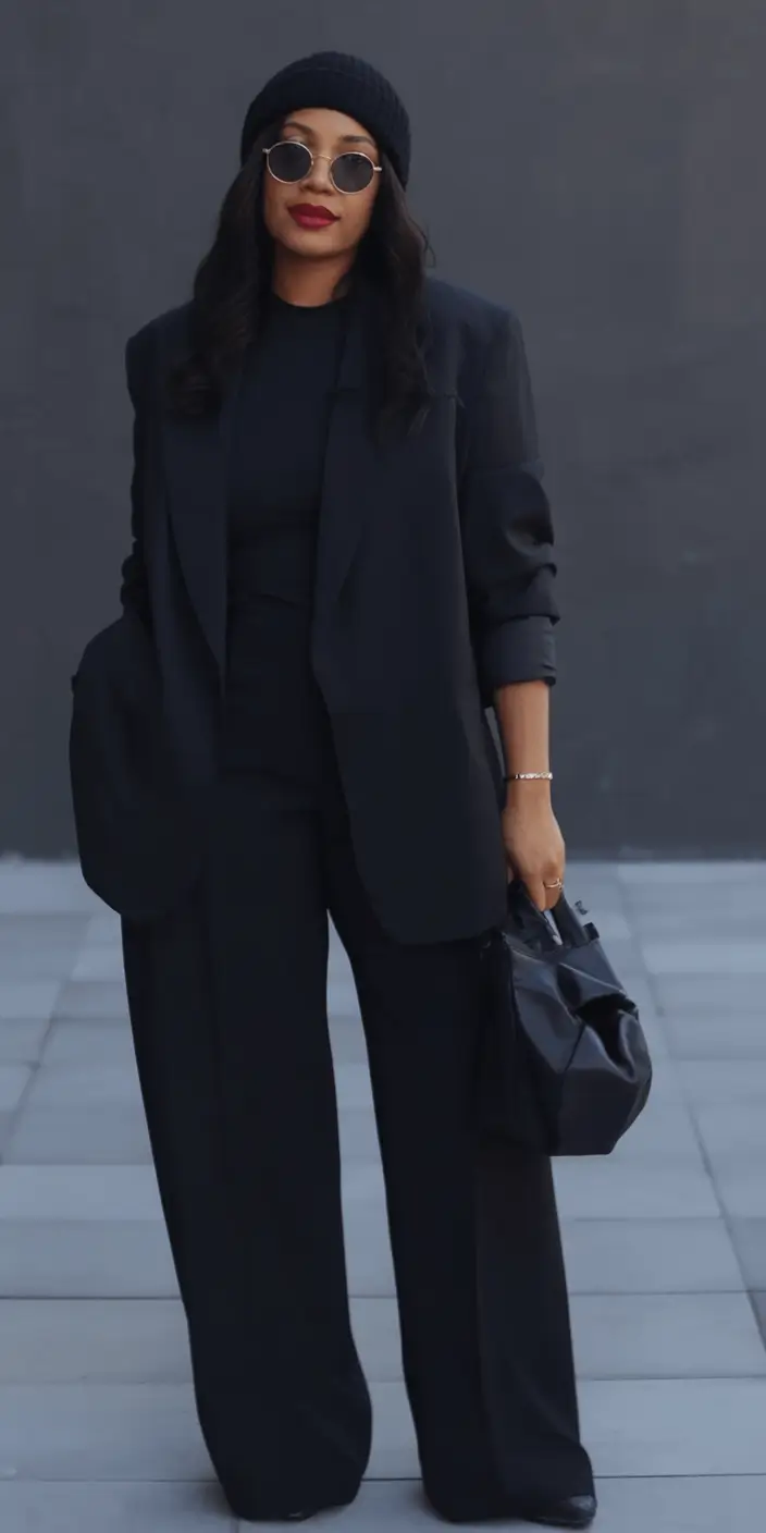cozy spring outfits black women 2026 Monochrome Power with a Beanie Edge