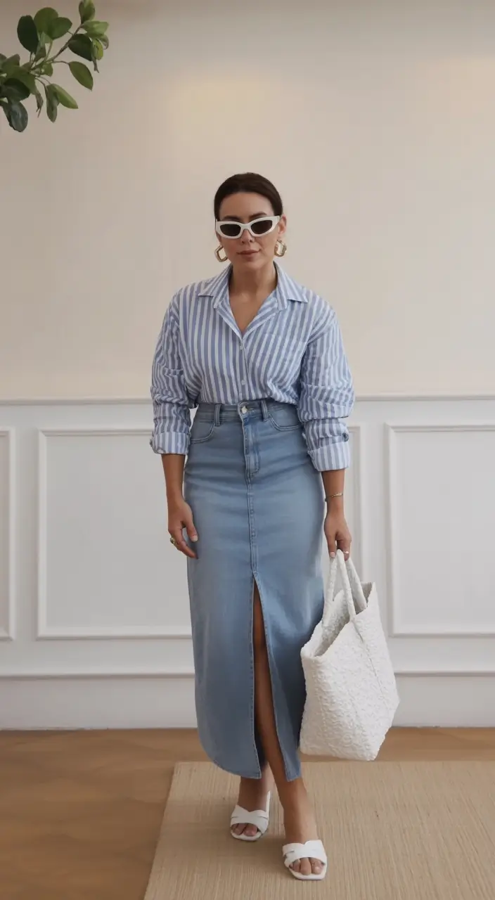 cozy spring outfits for women over 60 2026+Striped Classics with a Denim Revival