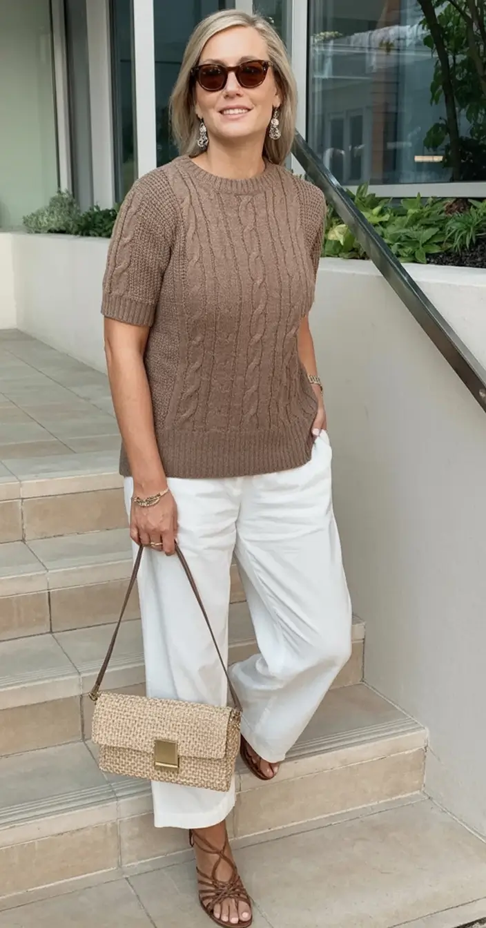 cozy spring outfits for women over 60 2026+Cable Knit Confidence in Warm Neutrals