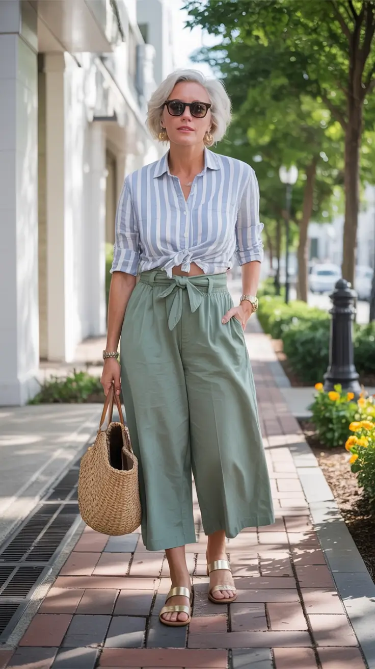 cozy spring outfits for women over 60 2026+Laid-Back Green with Stripe Appeal
