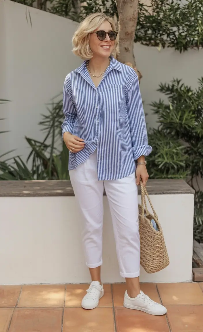 cozy spring outfits for women over 60 2026+Stripes & Crisp Whites for Sunny Mornings