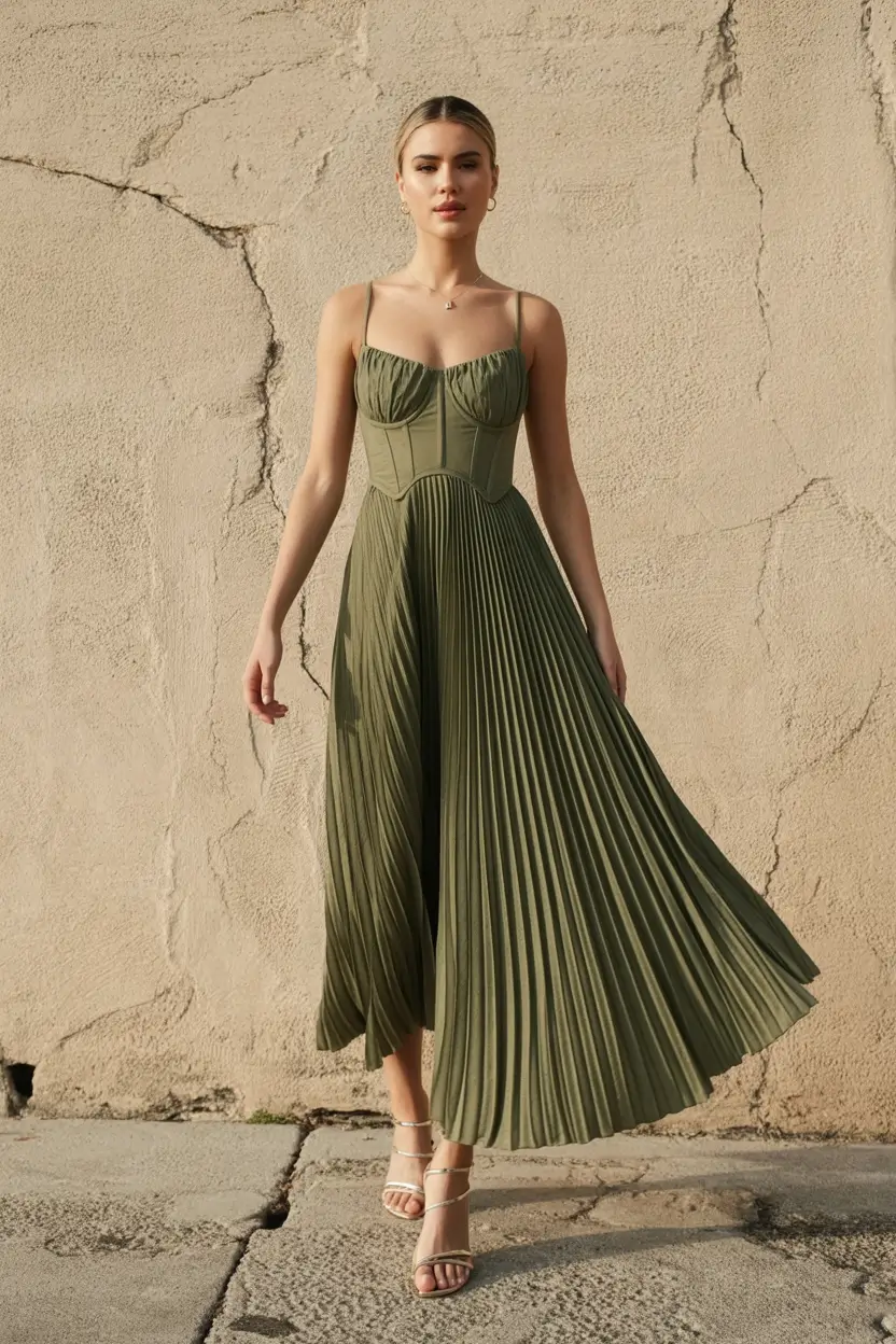 cozy spring wedding guest outfit 2026+Olive Pleats & Sharp Confidence