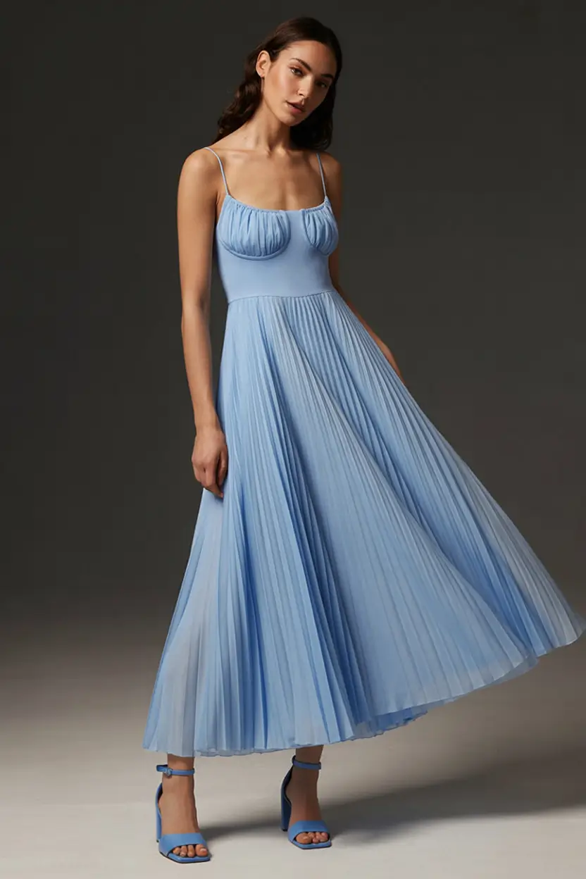 cozy spring wedding guest outfit 2026+Periwinkle Pleats That Float