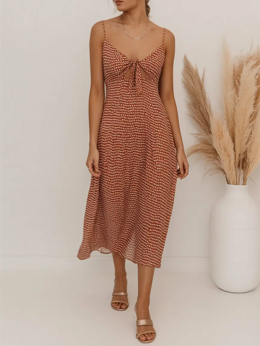 cozy spring wedding guest outfit 2026+Retro Dots & Tie-Front Charm