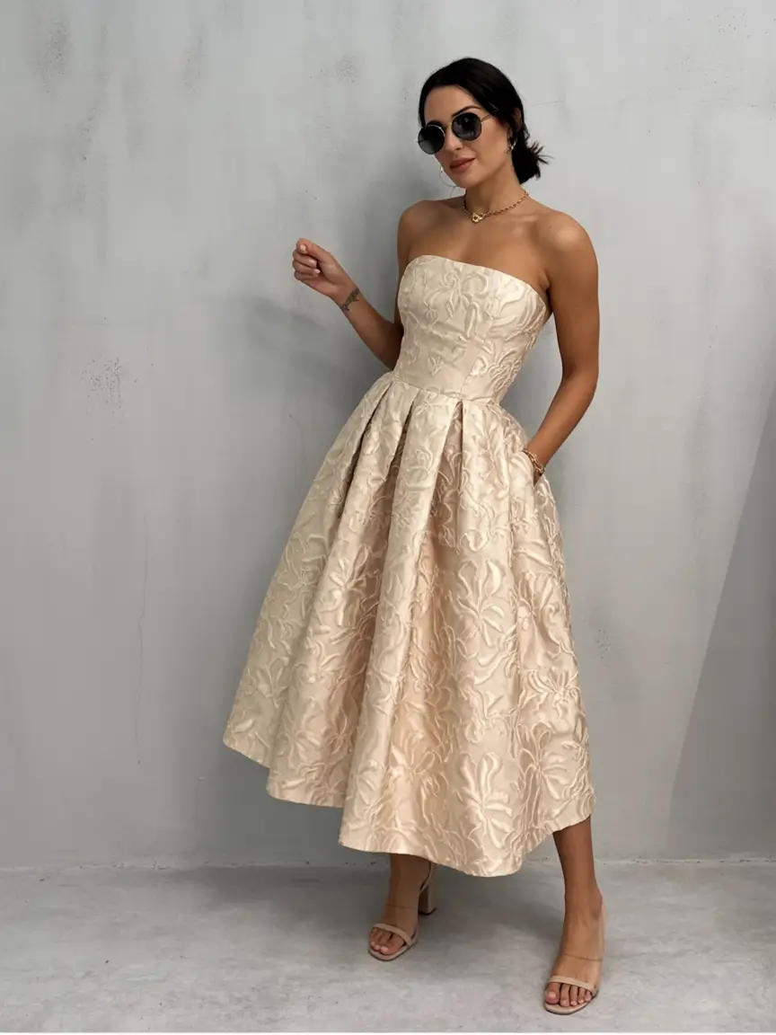 cozy spring wedding guest outfit 2026+Champagne Brocade & Quiet Strength