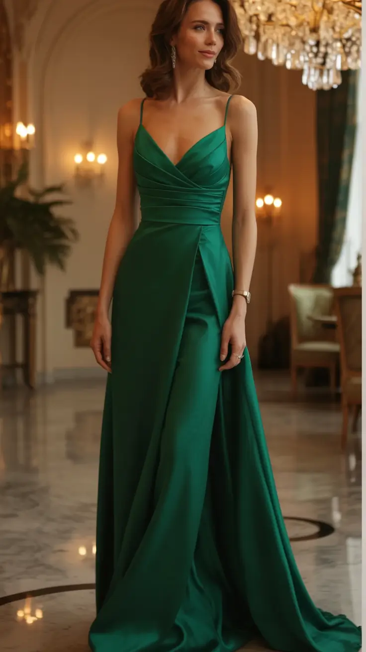 cozy spring wedding guest outfit 2026+Emerald Elegance in Satin Drape