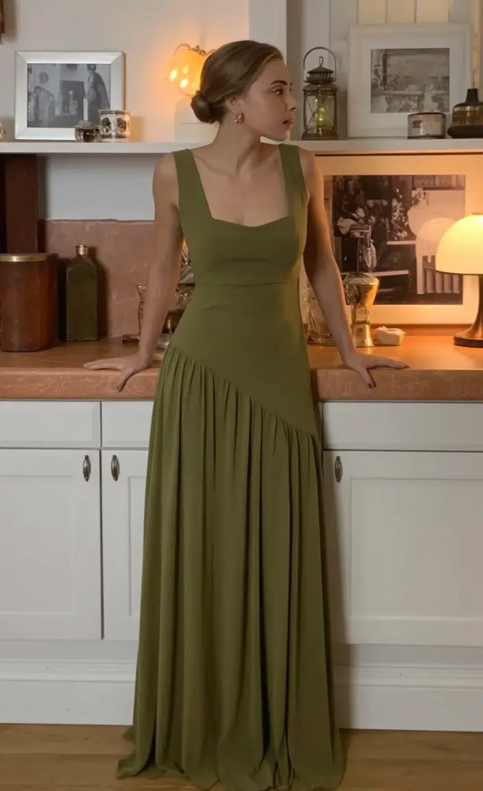 cozy spring wedding guest outfit 2026+Understated Green & Kitchen Glow