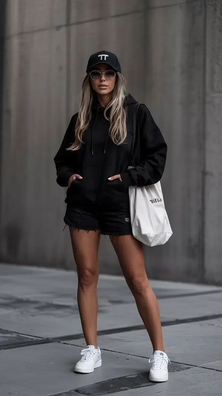 cute spring athleisure outfits for 2026 All-Black Sporty Shorts for Warmer Days
