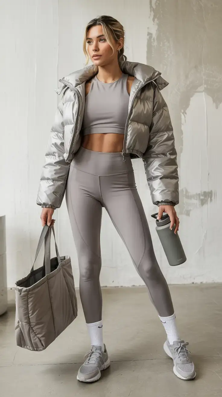 cute spring athleisure outfits for 2026 Metallic Tones and Full-On Monochrome