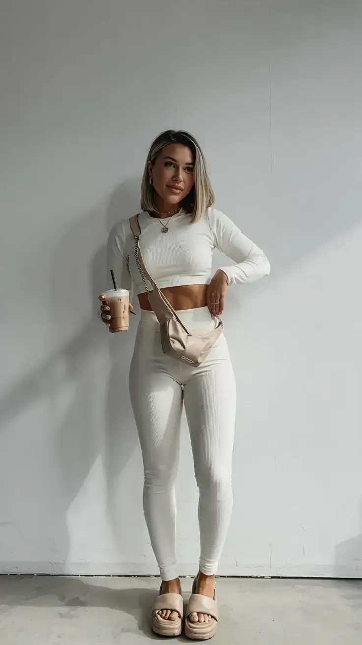 cute spring athleisure outfits for 2026 Ivory Ribbed Set and Lounge Luxe