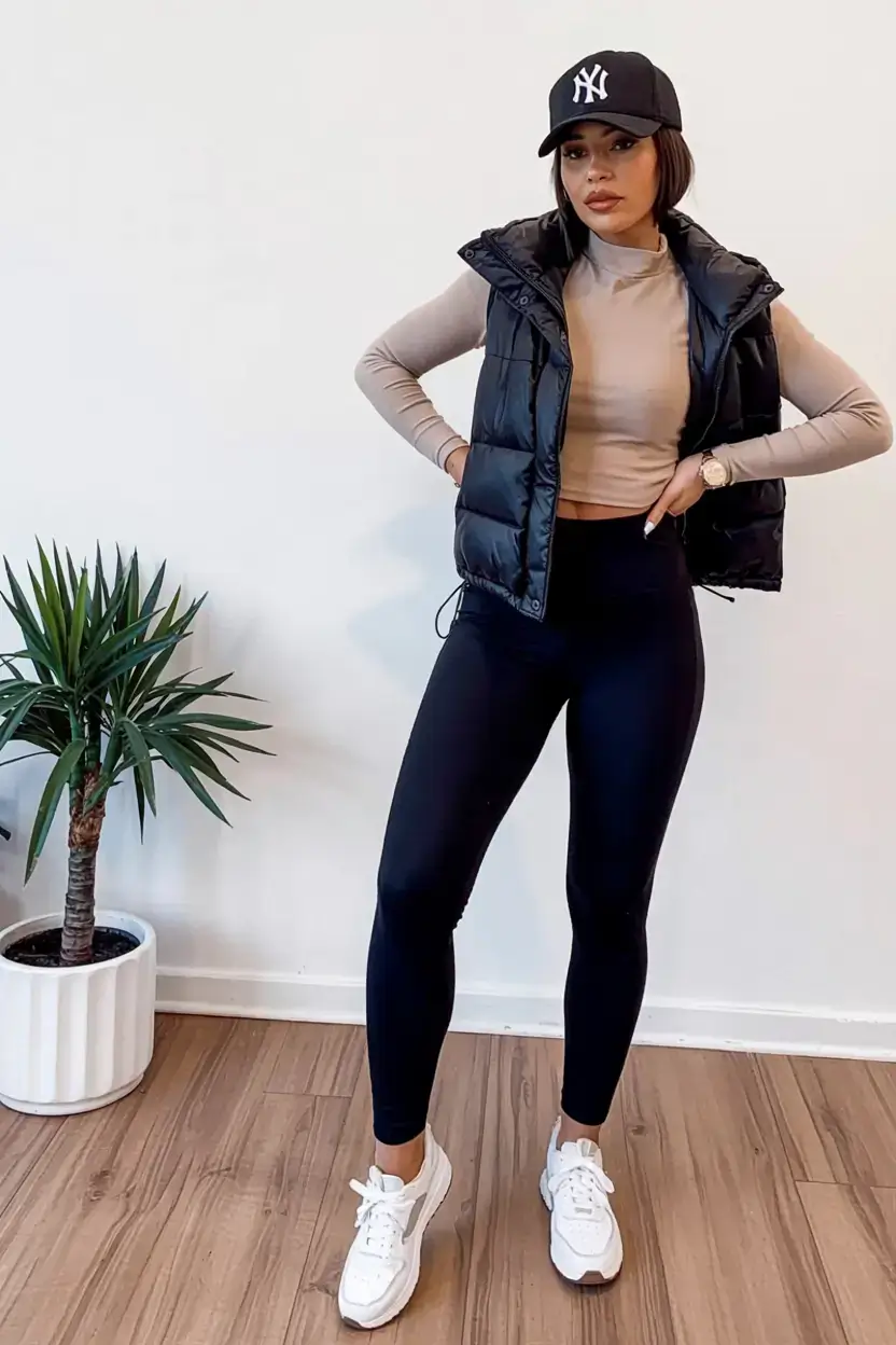 cute spring athleisure outfits for 2026 Sporty Contrast and Puffer Power