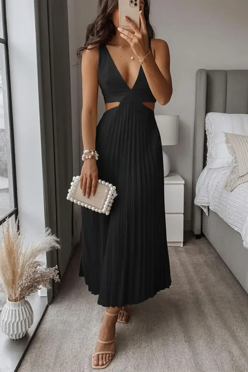 cute spring party outfit ideas 2026 Cutouts & Pleats: The Soft Power Combo