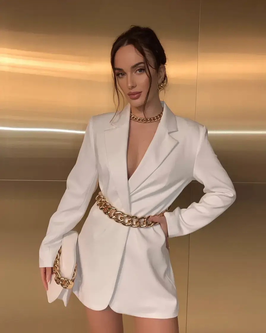 cute spring party outfit ideas 2026 White Suit, Gold Details, Major Impact