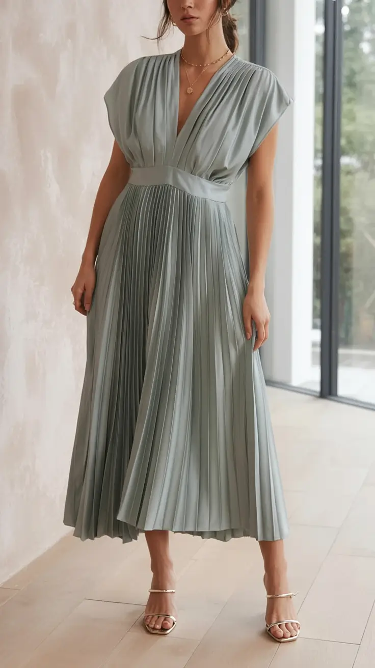 dreamy spring wedding outfit 2026 Pleated Sage: Understated, Elevated