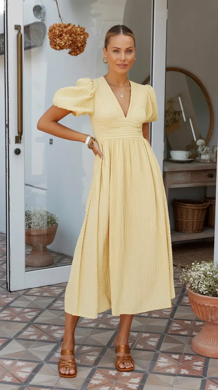 dreamy spring wedding outfit 2026 Lemon Cream and Puff-Sleeve Whimsy