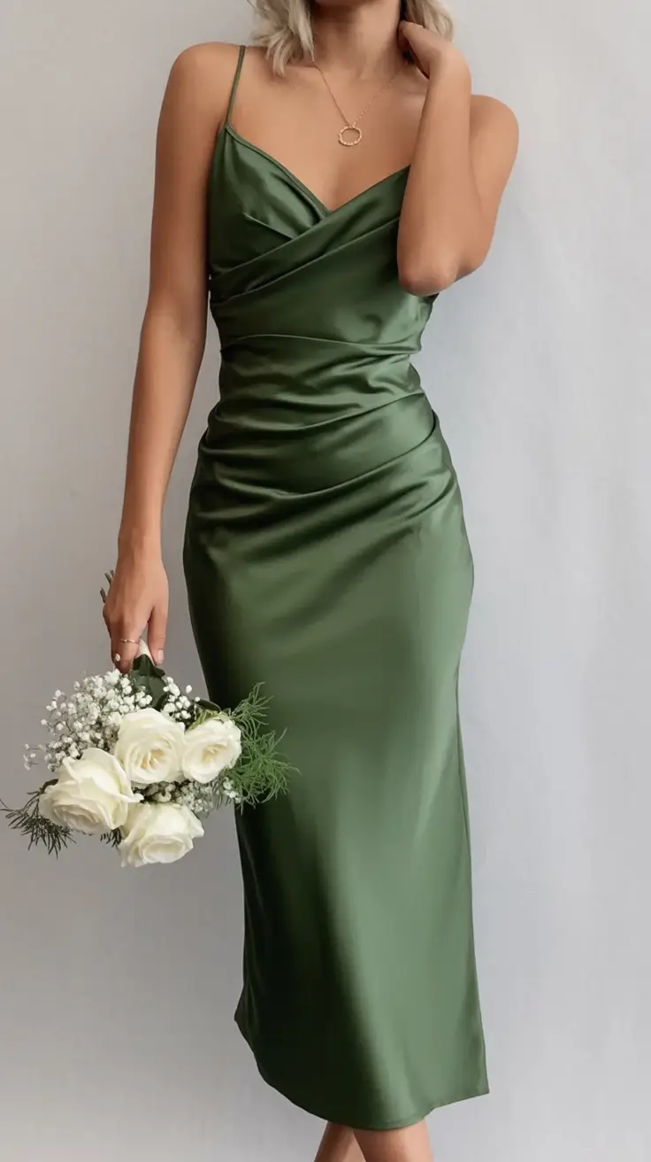 dreamy spring wedding outfit 2026 Satin Olive Sleekness: Minimal, But Make It Powerful