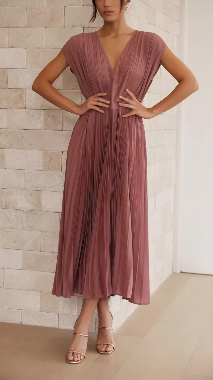 dreamy spring wedding outfit 2026 Romantic Pleats in Dusty Mauve: Quiet Luxury for the Win